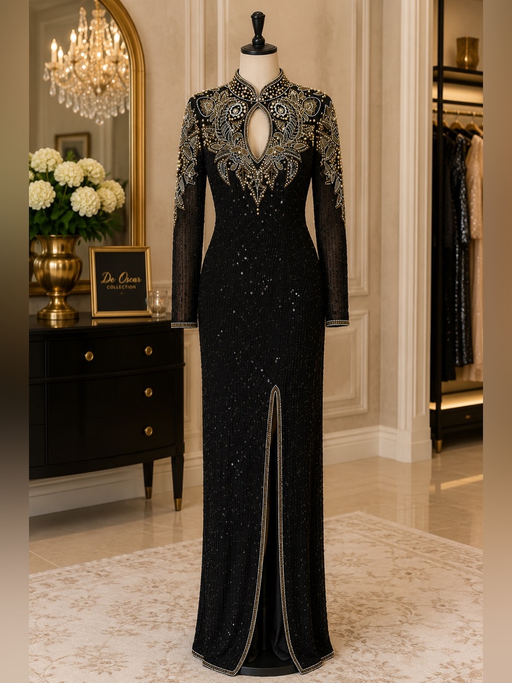Elegant De Oscar Collection Black Long-Sleeve Evening Gown with Gold Embellishme - Picture 3 of 9